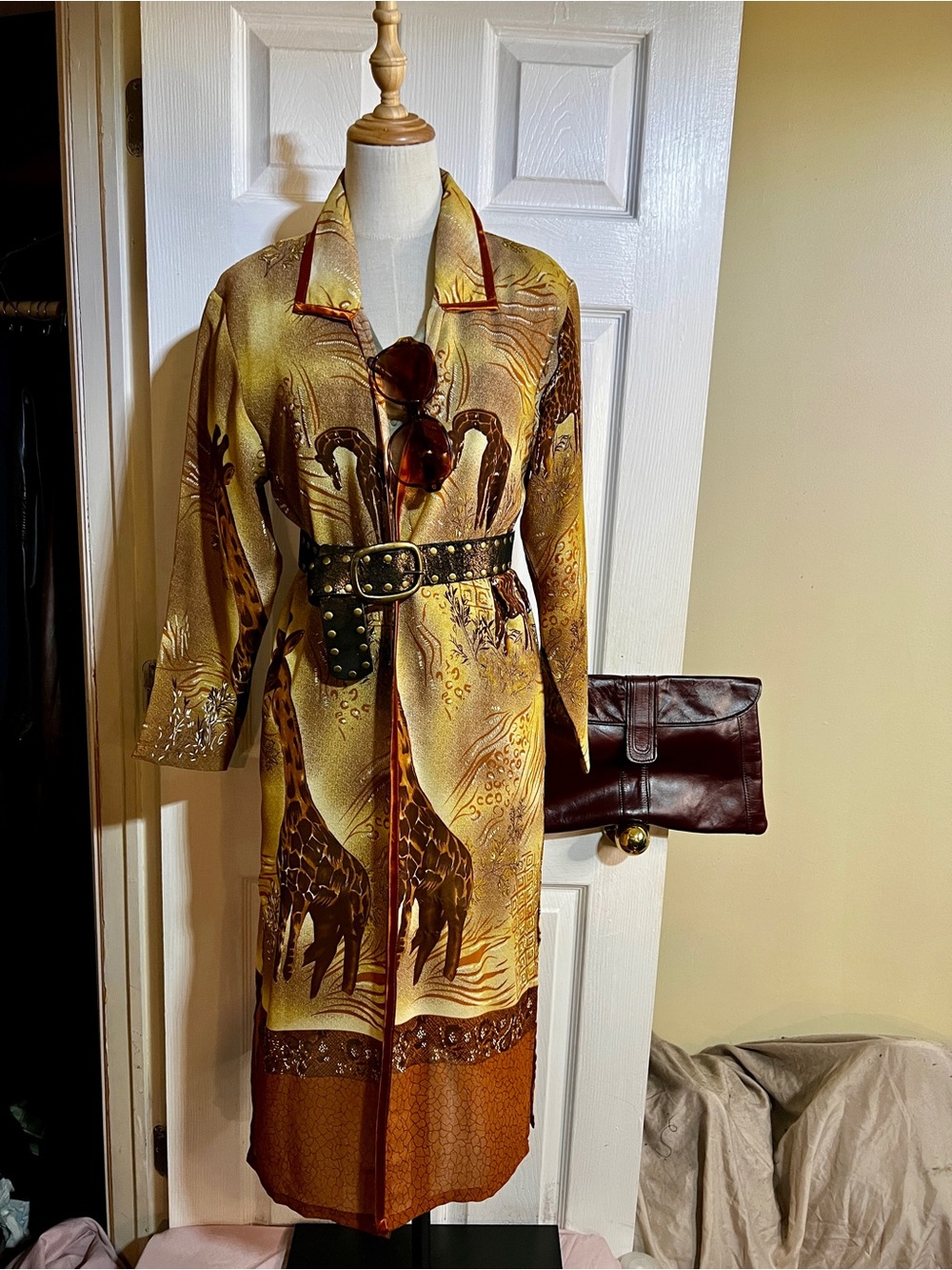 FreeStyle Vtg 70s Wms Safari Giraffe Motif Sheer Chiffon Open Maxi Duster Top S